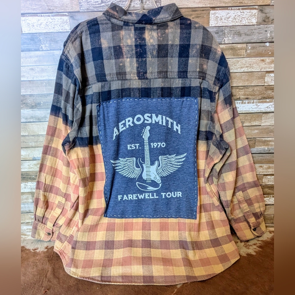 Aerosmith Farewell Tour Upcycled Dip Dye Bleach Flannel Shirt